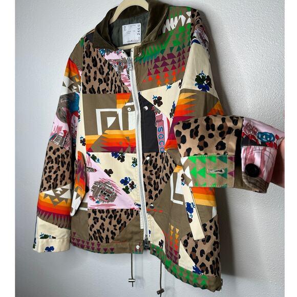 Sacai Tan Animal Mixed Print Patchwork Cotton Velvet Collar Zip Jacket 4 / XL - Picture 4 of 16